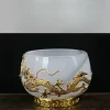 Ink White Jade Colored Glaze Chinese Chawan Tea Cup Inlaid with Golden Dragon