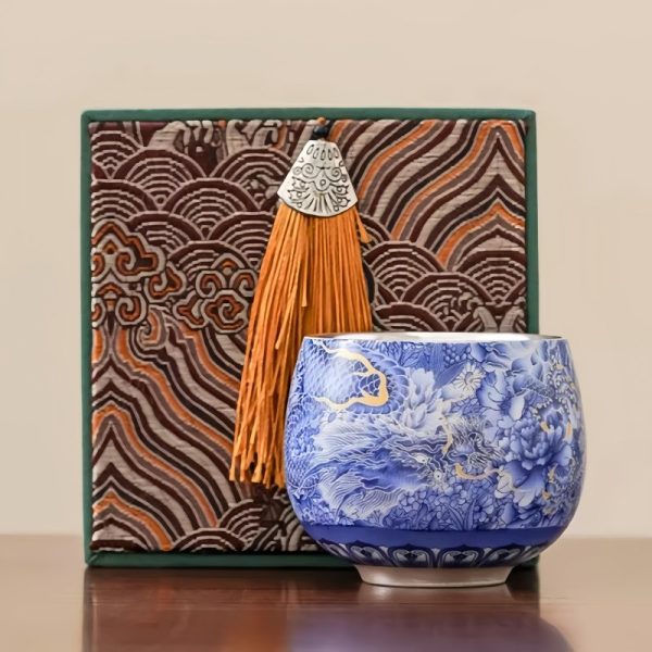 Sterling Silver Vintage Chinese Porcelain Tea Cup With Dragon and Peony