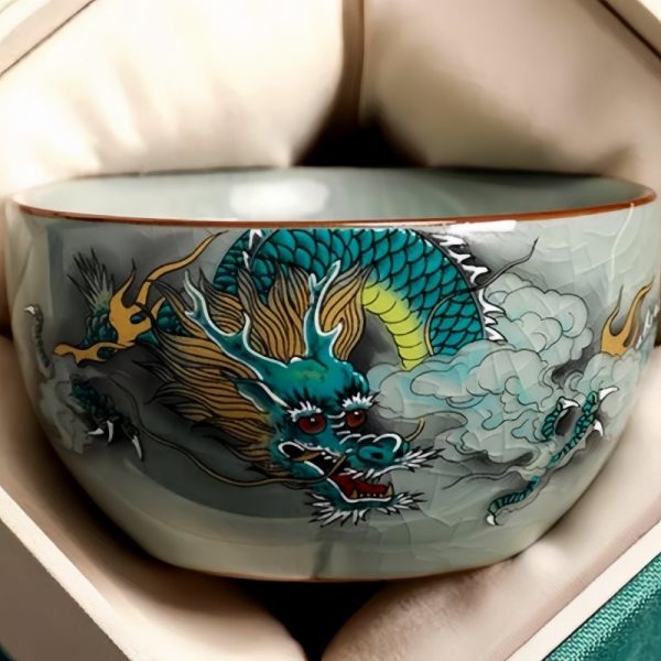 Antique Green Dragon Traditional Cracked Ceramic Chinese Gongfu Chawan Tea Cup
