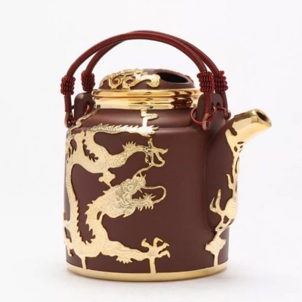 Antique Gold Inlaid with Jade Dragon and Phoenix Pattern Purple Clay Teapot Large Capacity with Handle