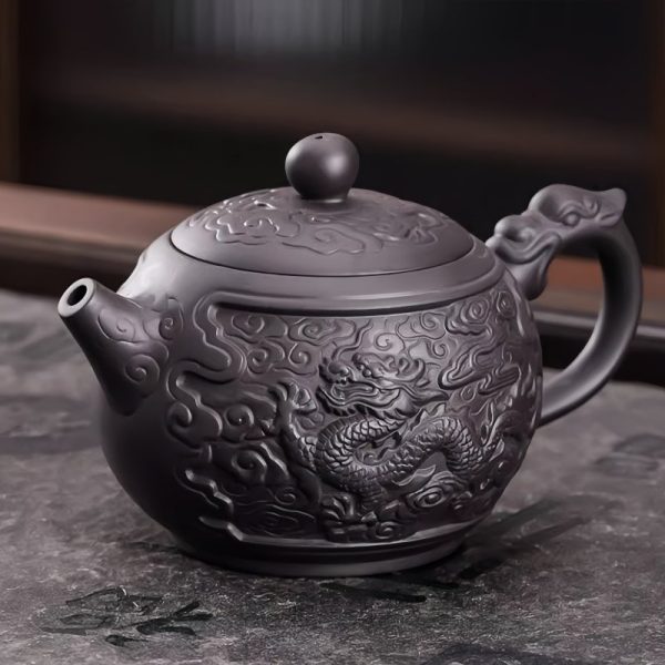 Large Chinese Purple Clay Teapot with Auspicious Dragon and Floating Clouds Pattern