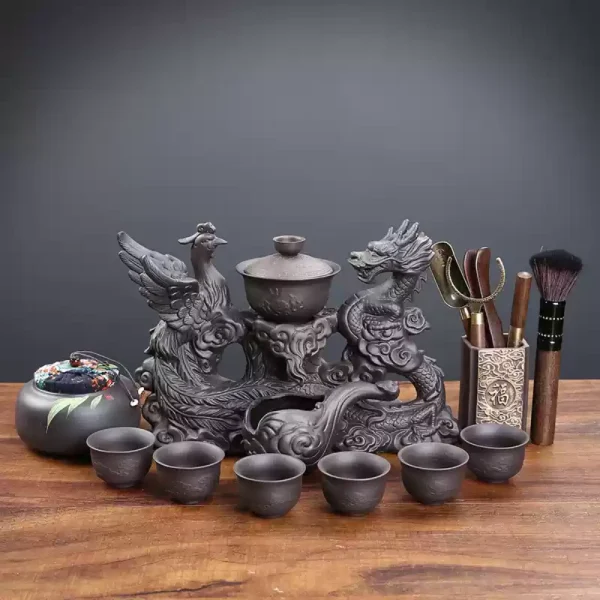 Delicate Vintage Porcelain Phoenix and Dragon Pattern Semi-Automatic Lazy Tea Set