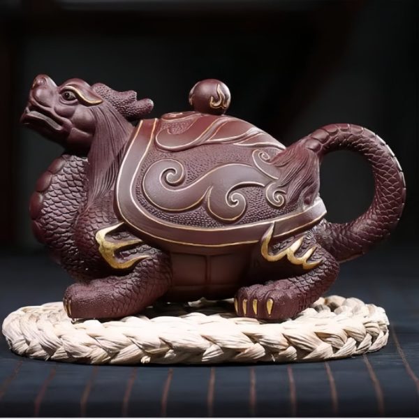 Unique Gilding Dragon Turtle Shaped Teapot with Dragon Ball Twist Made from Yixing Purple Clay