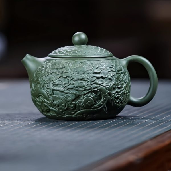 Handmade Chinese Vintage Yixing Clay Dragon Teapot With Green Auspicious Dragon Pattern