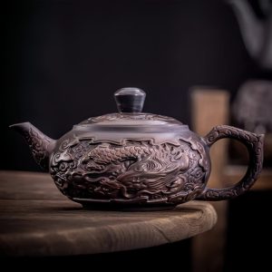 Vintage Purple Pottery Chinese Dragon Teapot Featuring Relief Auspicious Dragon Pattern