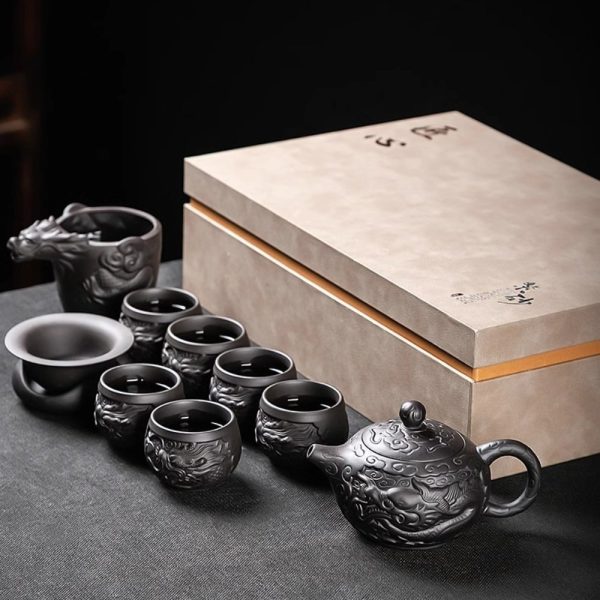 Authentic Yixing Purple Clay Year of the Dragon Gongfu Tea Set with Antique Chinese Dragon Carving