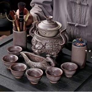 Luxury Grey Vintage Semi Automatic Ceramic Chinese Tripod Relief Dragon Head Ware Tea Set