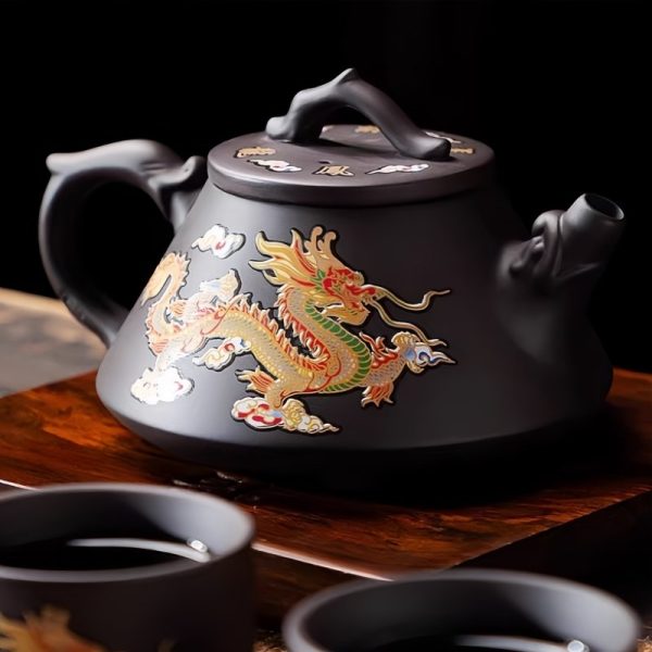 Yixing Purple Clay Antique Dragon Teapot With Color Changing Pattern Stone Gourd Design