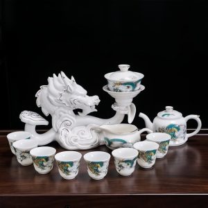 Delicate White Ceramic Semi-Automatic Gongfu Tea Pot Set with Gilded Ornate Dragon Design