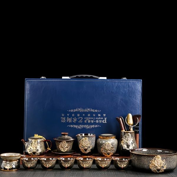 Authentic Vintage Kiln Change Chinese Porcelain Gongfu Tea Pot Set with Majestic Dragon Pattern