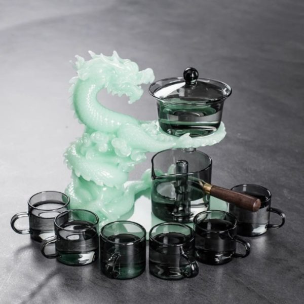 Chinese Grey Jade Green Majestic Dragon Semi-Automatic Lazy Antique Kungfu Tea Cup Set