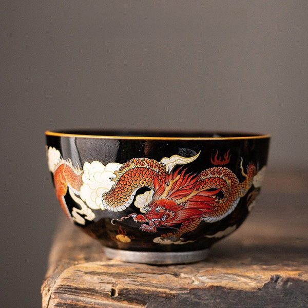 Year of The Dragon Elegant Black Glaze Hand Painted Red Dragon Chinese Ceramic Tea Cup