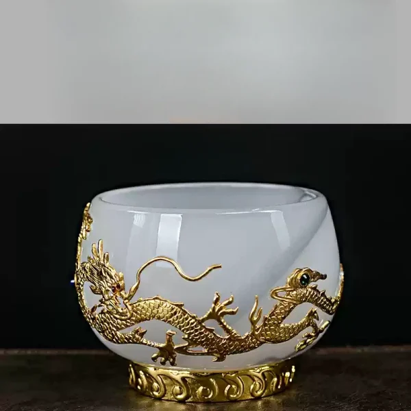 Ink White Jade Colored Glaze Chinese Chawan Tea Cup Inlaid with Golden Dragon
