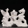 Majestic Chinese Handmade Ceramic Gongfu Tea Cup Set with Silver Dragon Phoenix Lazy Semi-Automatic Design