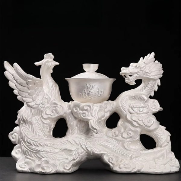 Majestic Chinese Handmade Ceramic Gongfu Tea Cup Set with Silver Dragon Phoenix Lazy Semi-Automatic Design