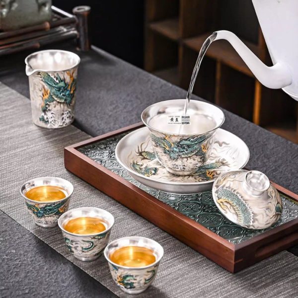Vintage Exquisite Handmade Chinese Silver Dragon Gongfu Tea Cup Set Lazy Semi-Automatic