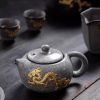 Classic Chinese Vintage Ice Crackle Glaze Black Porcelain Gongfu Tea Set with Elegant Gold Inlaid Jade Dragon