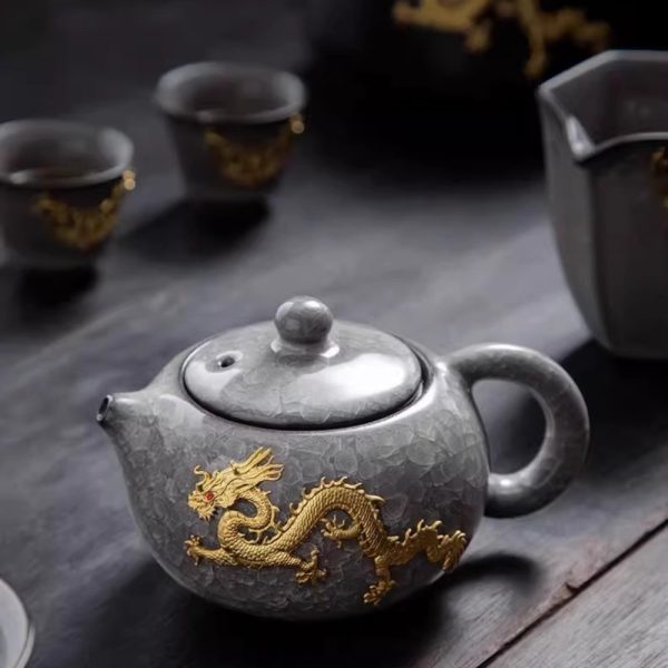 Classic Chinese Vintage Ice Crackle Glaze Black Porcelain Gongfu Tea Set with Elegant Gold Inlaid Jade Dragon