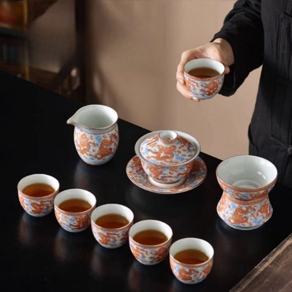 Classic Chinese Handmade Vintage Gongfu Porcelain Tea Cup Set with Majestic Red Dragon Pattern
