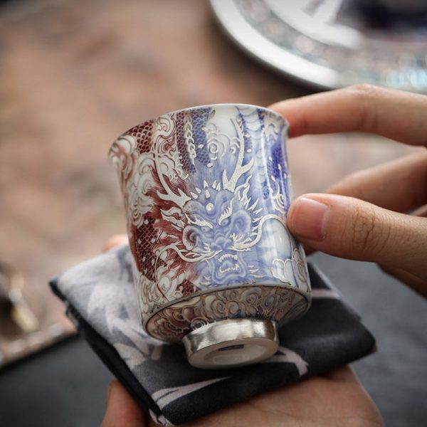 Sterling Silver Glaze Hand Painted Dragon Antique Japanese Porcelain Tea Cups