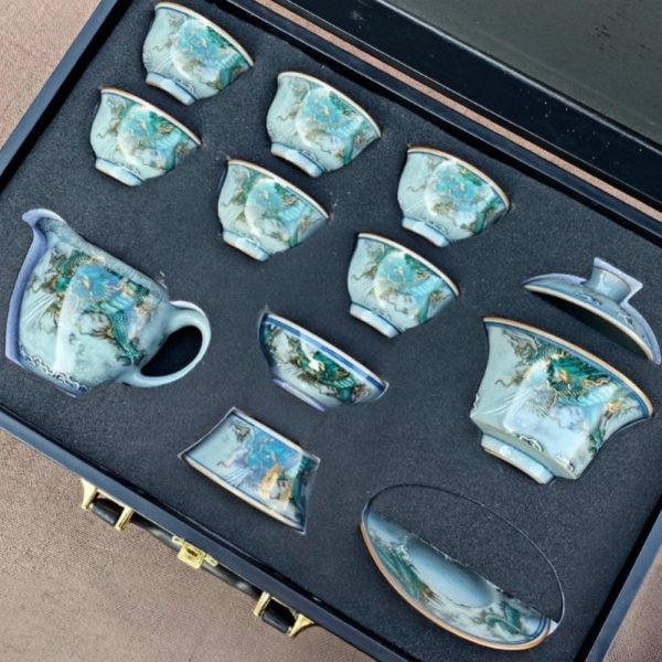 Vintage Ice Crack Hand Drawn Blue Dragon Luxury Chinese Porcelain Tea Set