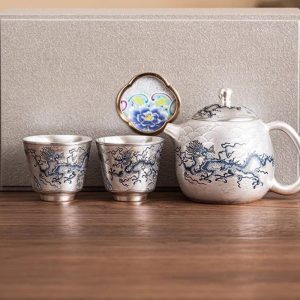 Antique Elegant Gilt Silver Tea Sets with Blue and White Porcelain Exclusive Dragon Pattern