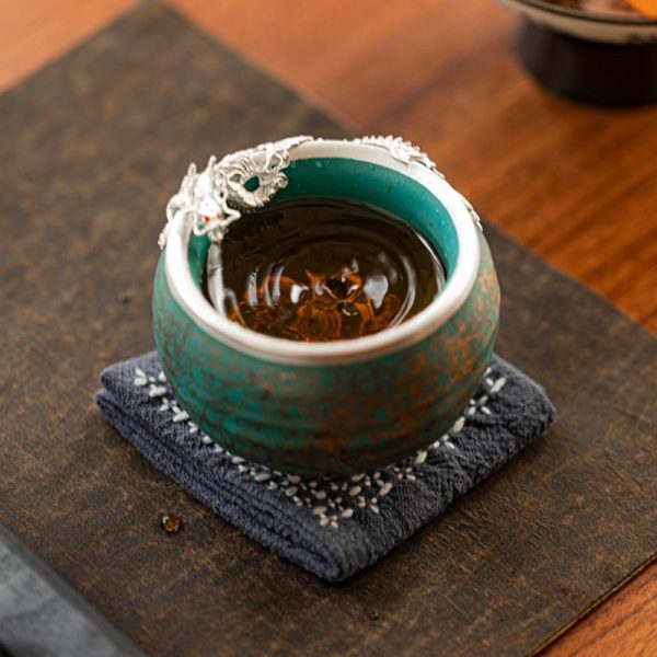 Antique Turquoise Gold Glaze Green Ceramic Year of The Dragon Tea Cup with Silver Dragon