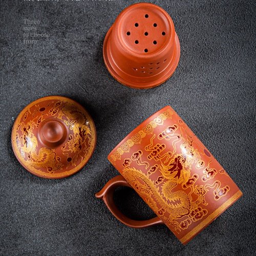 Vintage Hand-painted Dragon Yixing Purple Clay Tea Cup Mug with Infuser