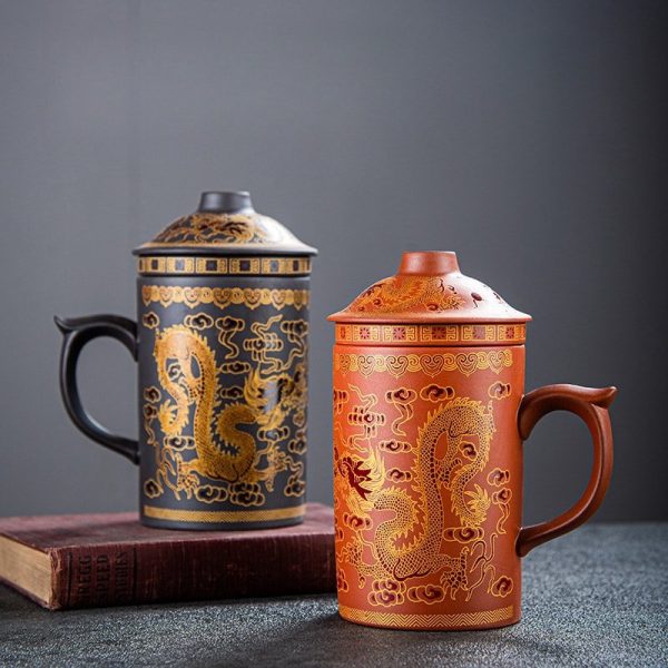 Vintage Hand-painted Dragon Yixing Purple Clay Tea Cup Mug with Infuser