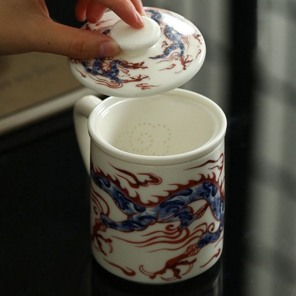 Exquisite Blue and White Red Dragon Traditional Chinese Porcelain Tea Cup Mug with Infuser