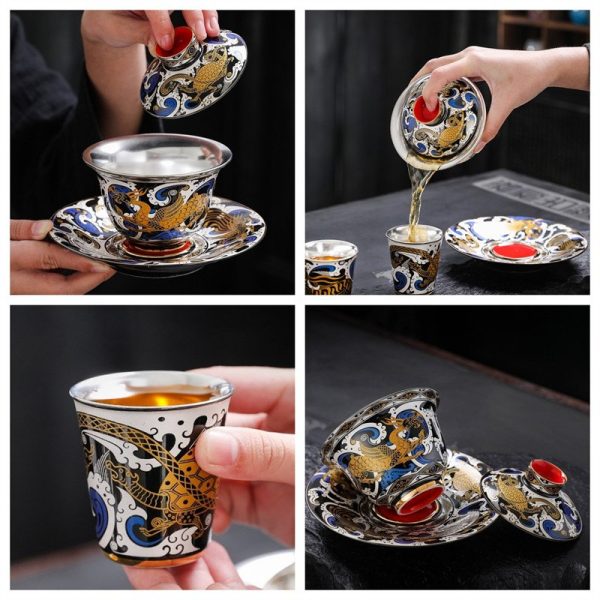 Best Sterling Silver Interior Four Auspicious Beasts Themed Ceramic Gaiwan Set