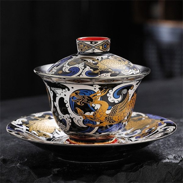 Best Sterling Silver Interior Four Auspicious Beasts Themed Ceramic Gaiwan Set