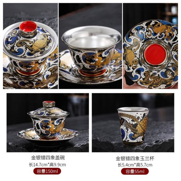 Best Sterling Silver Interior Four Auspicious Beasts Themed Ceramic Gaiwan Set