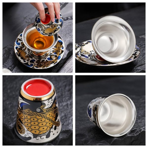 Best Sterling Silver Interior Four Auspicious Beasts Themed Ceramic Gaiwan Set