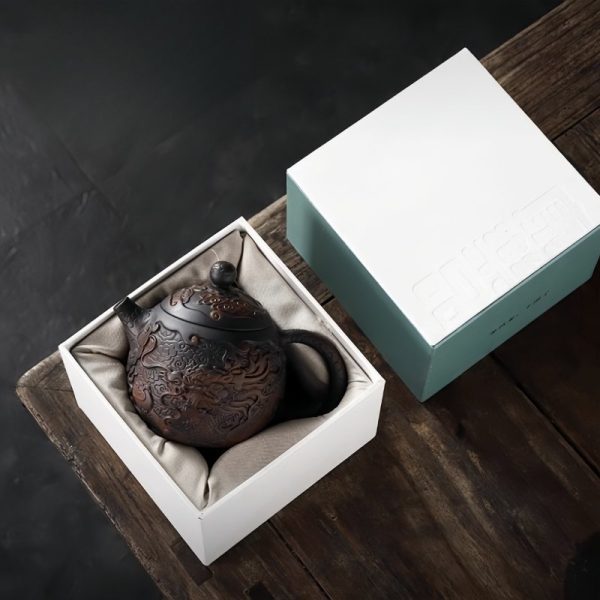 Handmade Vintage Black Clay Pottery Chinese Dragon Egg Teapot With Relief Detailing