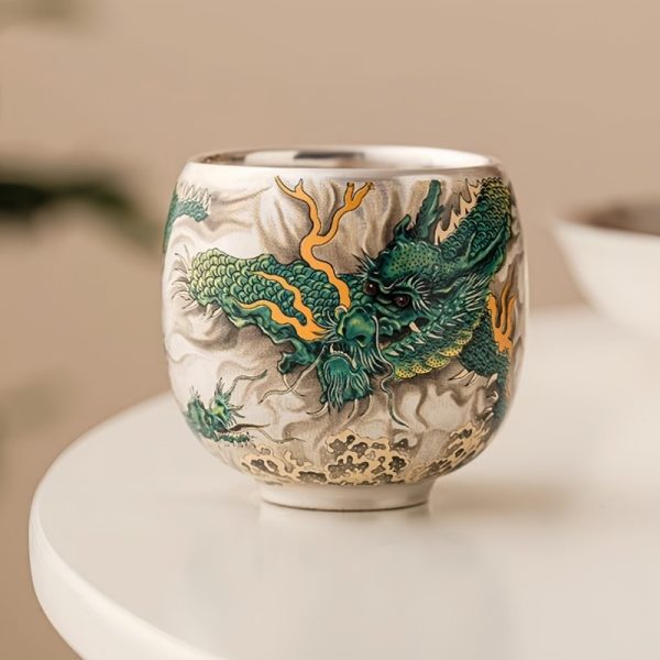Sterling Silver Glaze Porcelain Hand Painted Green Water Dragon Tea Cup