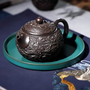 Vintage Handmade Chinese Dragon Teapot Crafted From Black Gold Sand Clay With Carving Dragon Pattern