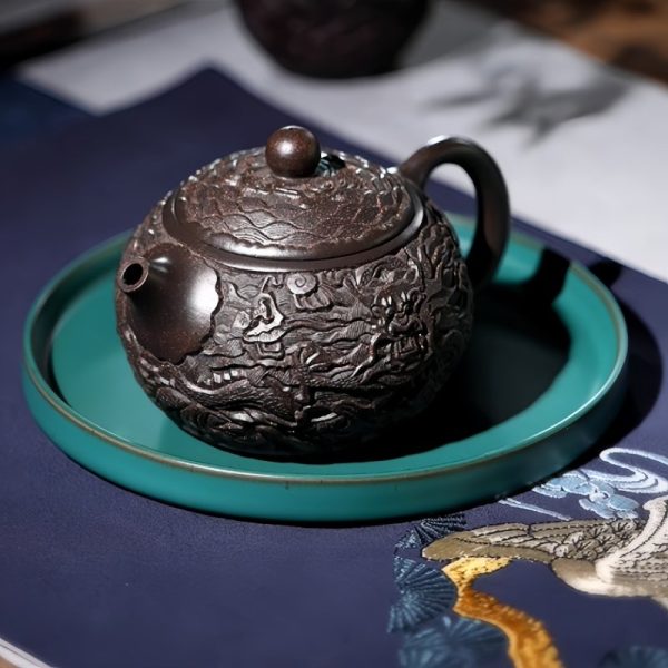 Vintage Handmade Chinese Dragon Teapot Crafted From Black Gold Sand Clay With Carving Dragon Pattern