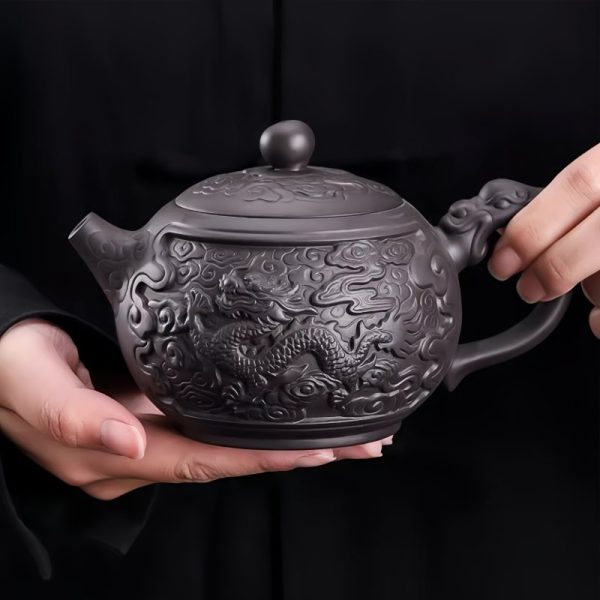 Large Chinese Purple Clay Teapot with Auspicious Dragon and Floating Clouds Pattern