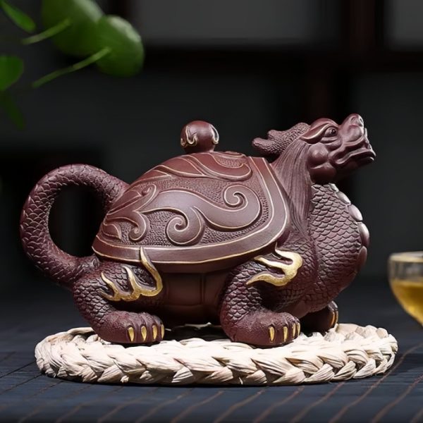 Unique Gilding Dragon Turtle Shaped Teapot with Dragon Ball Twist Made from Yixing Purple Clay