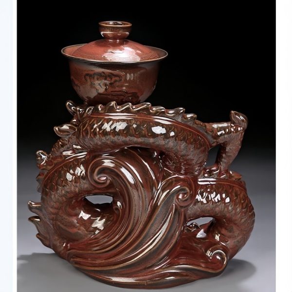 Antique Elegant Ceramic Semi Automatic Lazy Exquisite Red Chinese Dragon Phoenix Ware Tea Set