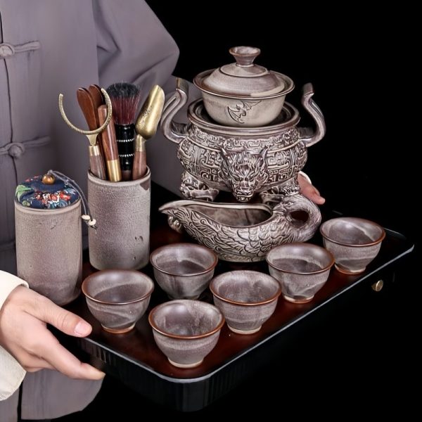 Luxury Grey Vintage Semi Automatic Ceramic Chinese Tripod Relief Dragon Head Ware Tea Set