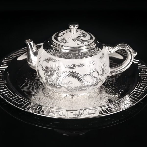 Vintage Opulent Silver Chinese Dragon and Phoenix Refined Gongfu Tea Pot Set
