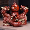 Vintage Exquisite Ceramic Opulent Red Double Dragon Gilding Tea Set