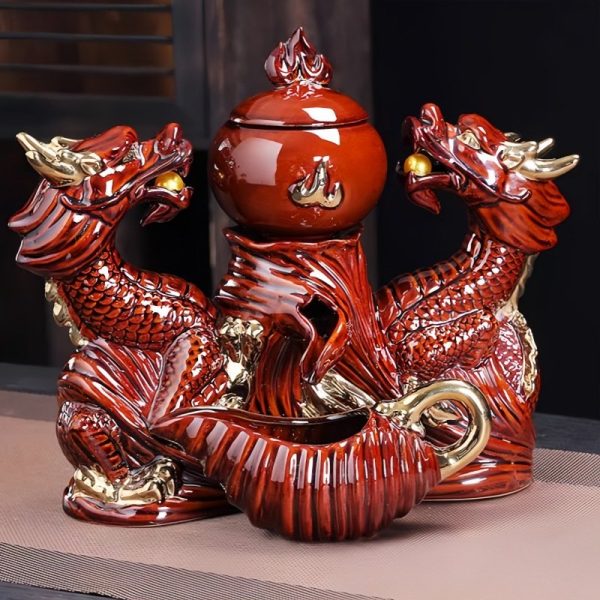 Vintage Exquisite Ceramic Opulent Red Double Dragon Gilding Tea Set