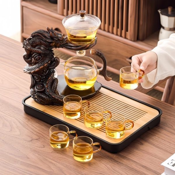 Premium Brown Resin Vintage Lazy Dragon and Phoenix Semi-Automatic Antique Tea Set