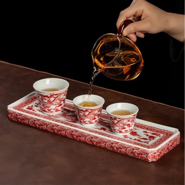 Traditional Chinese Year of the Dragon Vintage Jingdezhen Porcelain Red Dragon Themed Tea Cup Set