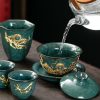 Luxury Vintage Chinese Green Ice Crackle Glaze Gongfu Tea Pot Set with Gold Inlaid Jade Dragon and Phoenix