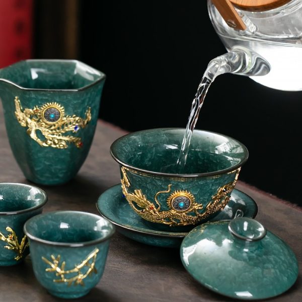 Luxury Vintage Chinese Green Ice Crackle Glaze Gongfu Tea Pot Set with Gold Inlaid Jade Dragon and Phoenix
