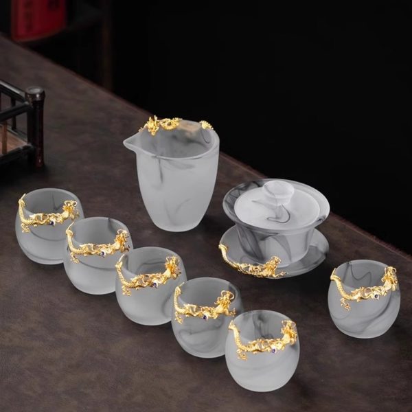 Luxury Chinese Gongfu Tea Cup Set with Colored Glaze and Gold Dragon Figurine in Ink Painting Style